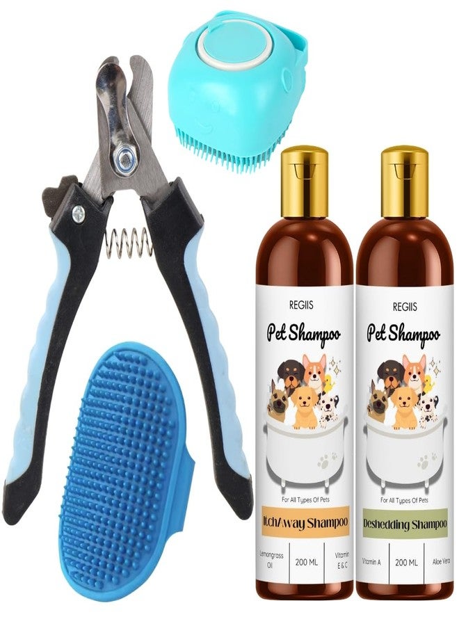 مجموعة العناية بالحيوانات الأليفة من ريجيس مع مجموعة شامبو لإزالة الشعر الزائد، وزجاجتين من شامبو الكلاب سعة 200 مل، وفرشاة تدليك من السيليكون، ومقص أظافر احترافي، أزرق (عبوة من 5 قطع) - Image 1